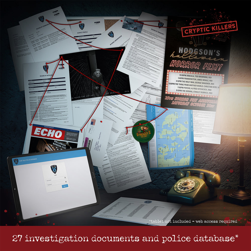 Investigation board for Murder at the Movie Theater with suspect photos and red-string clue connections.