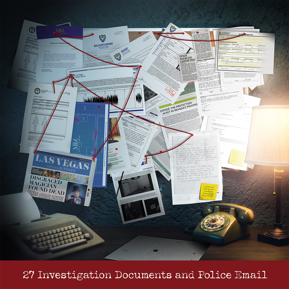 Investigation board for Magic Mirror Casino with suspect photos, casino blueprint and red-string links.