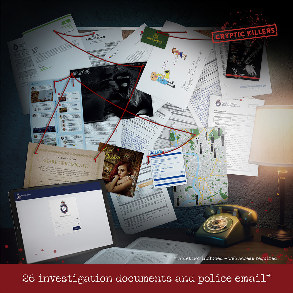 Investigation board for Murder of a Musician with suspect photos, set-list clues and red-string connections.