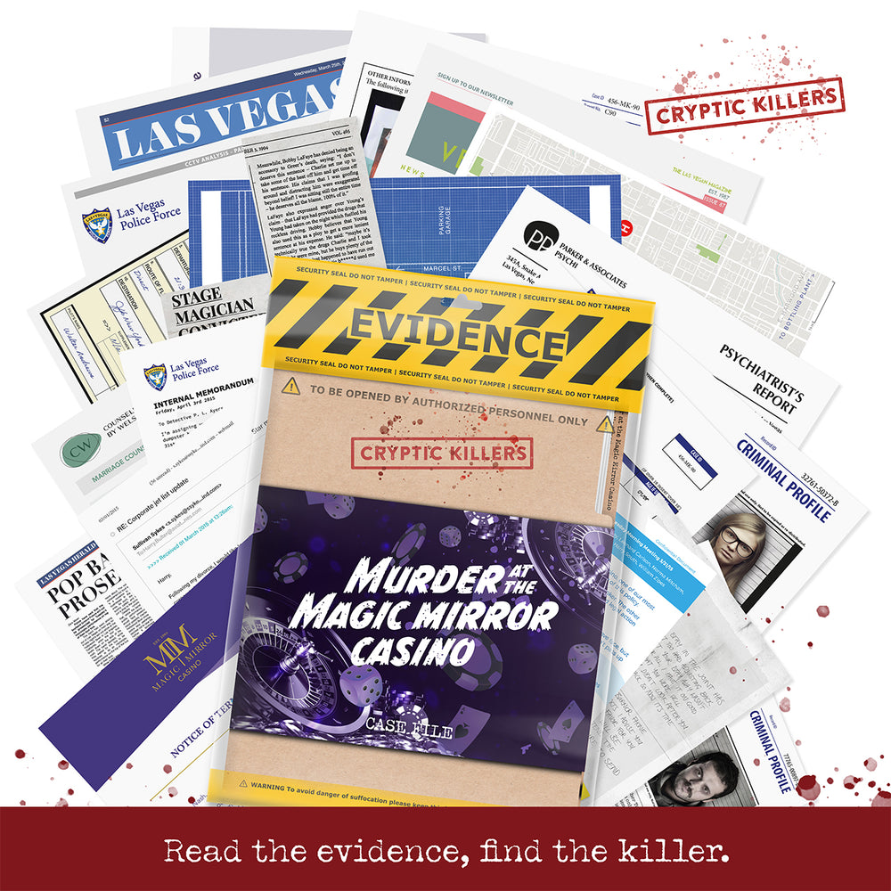 Magic Mirror Casino evidence spread – blueprint, social media printouts, phone records and case notes.