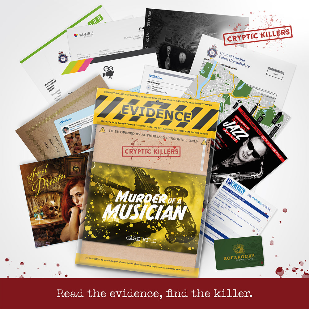 Murder of a Musician evidence spread – police reports, record sleeve, photos and investigative documents.