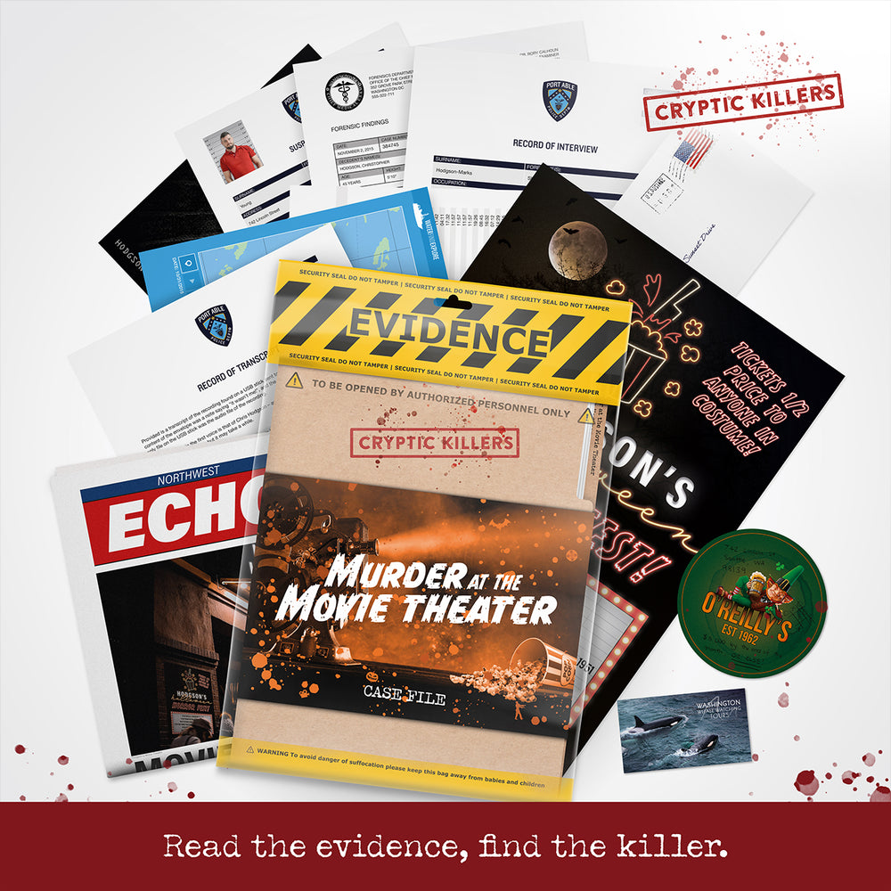 Movie Theater contents laid out – posters, police documents, photographs and scene evidence to inspect.