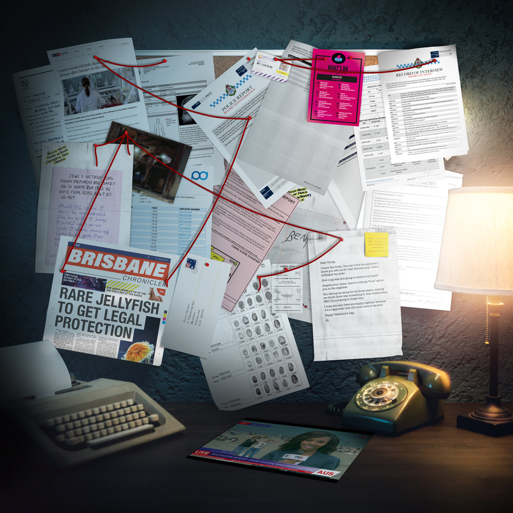 Detective pinboard for Murder of a Marine Biologist showing suspects, notes and linked clues.