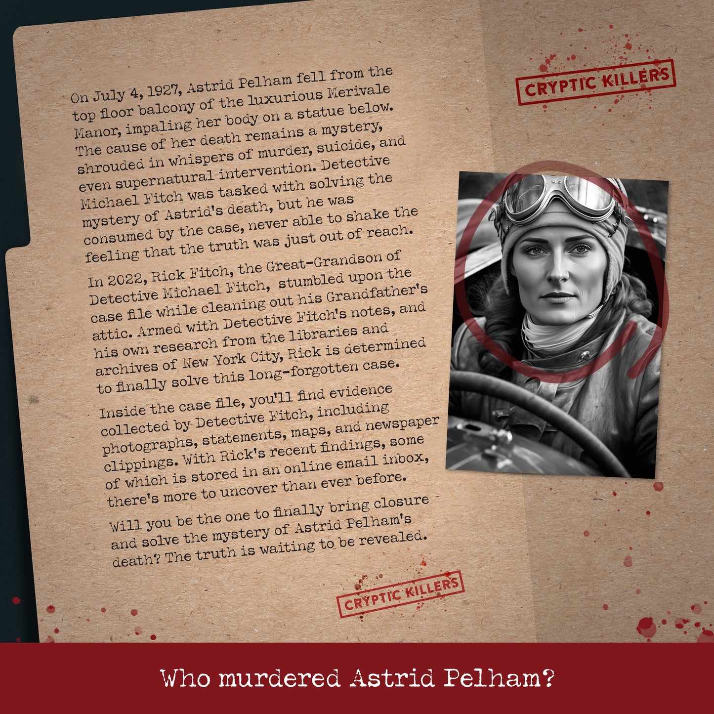 Close-up of Merivale Manor evidence folder with suspect photos, witness statements and police reports.