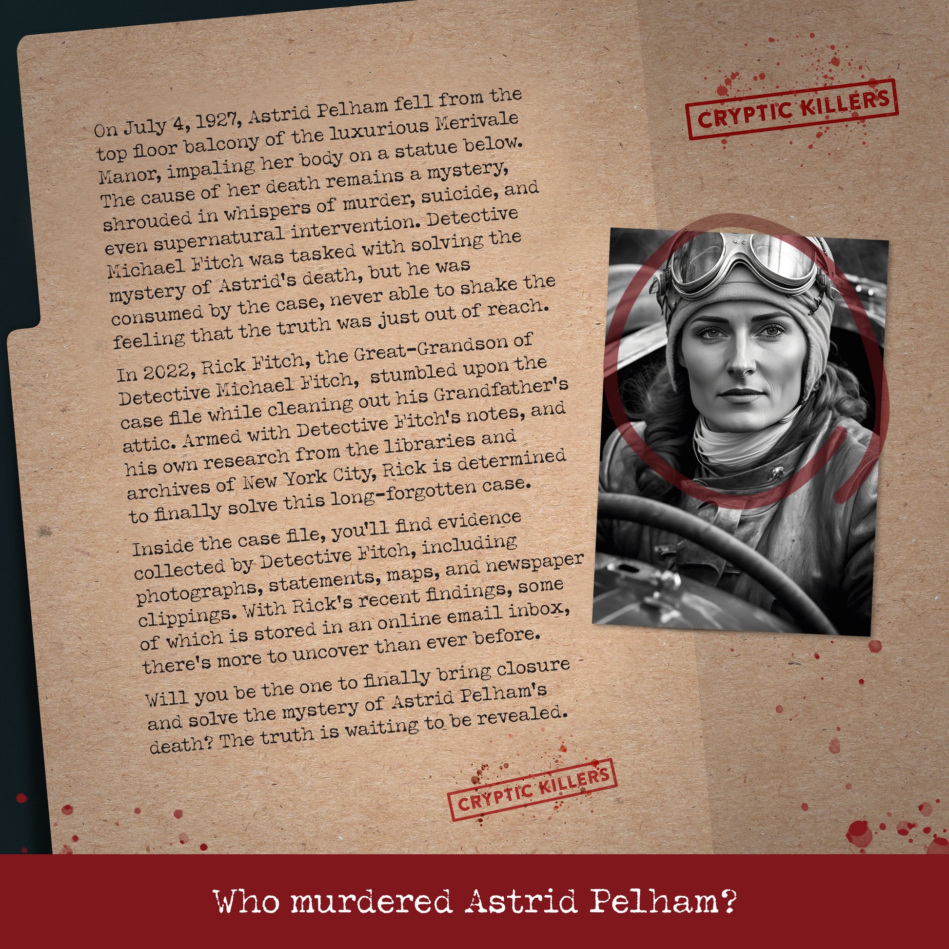 Close-up of Merivale Manor evidence folder with suspect photos, witness statements and police reports.