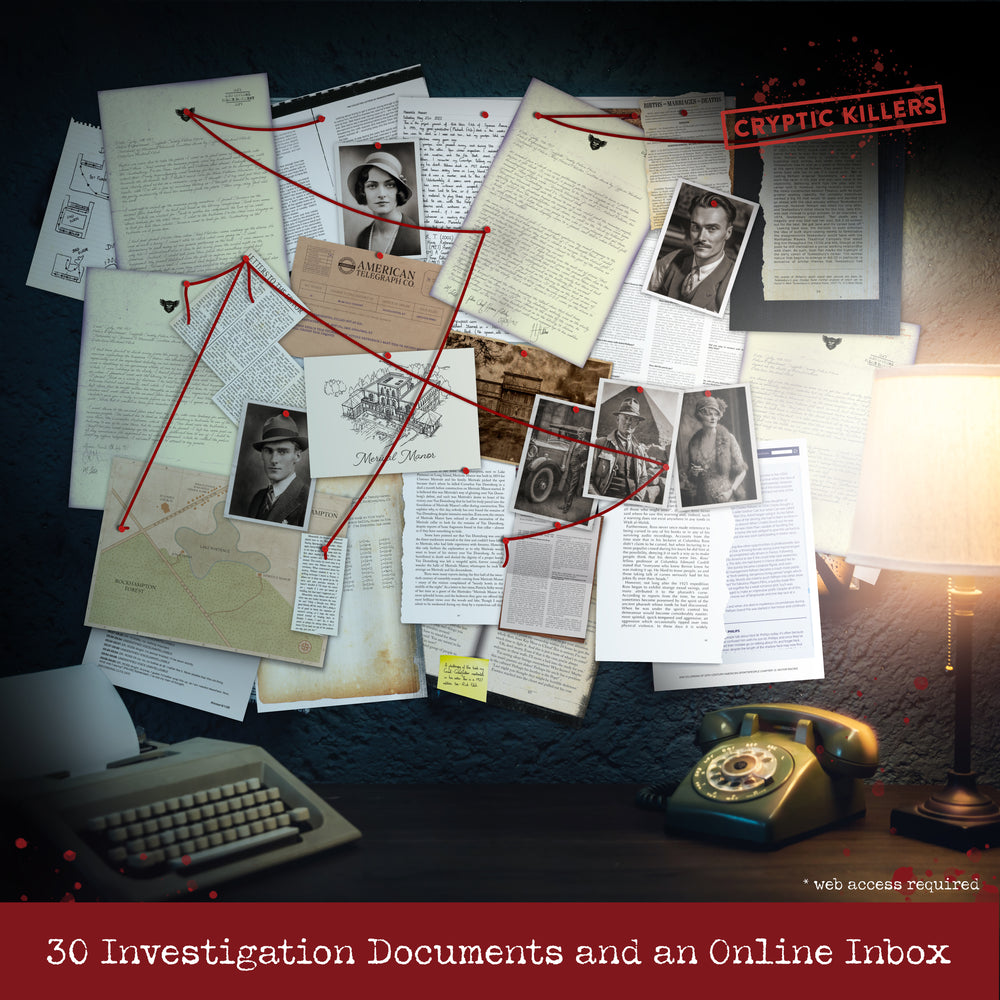 Investigation board for Merivale Manor with suspect portraits, timeline notes and red-string connections.