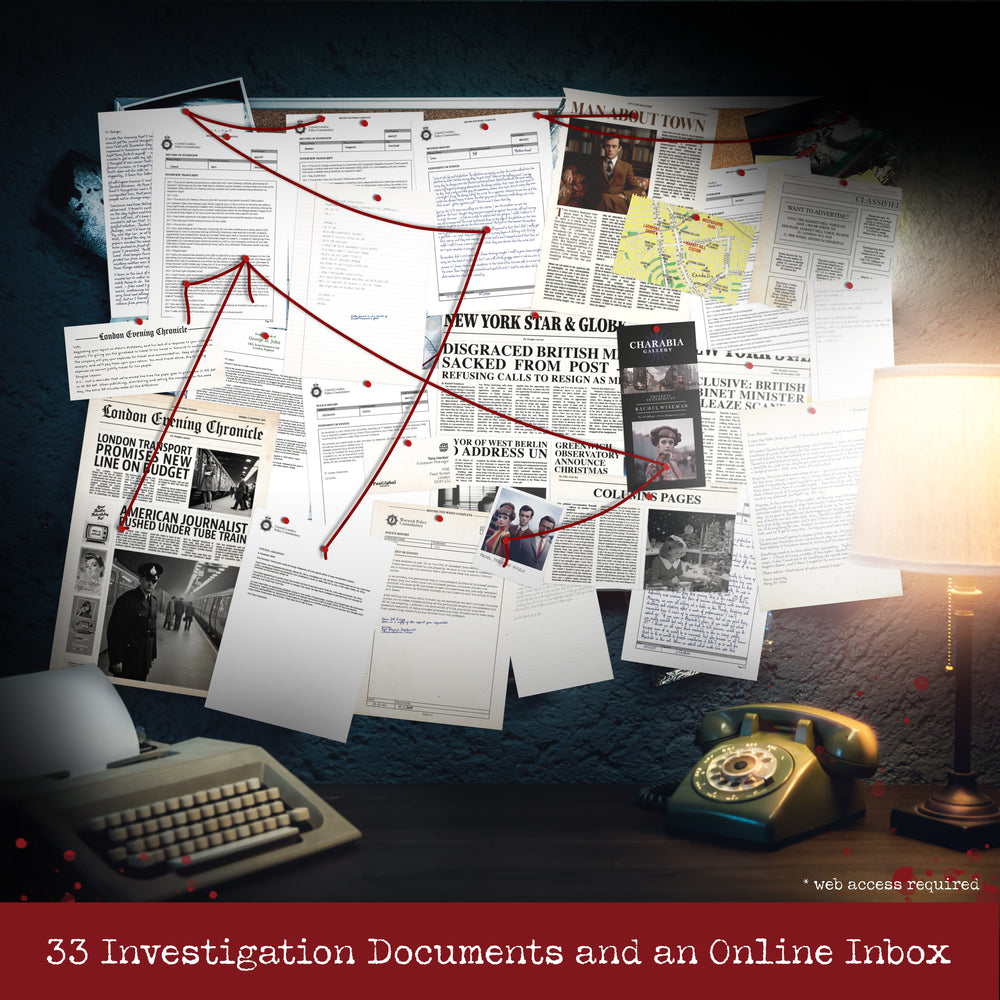 Investigation board for Market Hill with suspect photos, timeline notes and connected red-string clues.