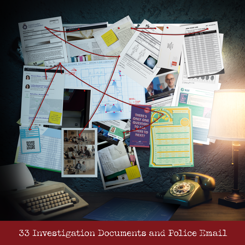 Investigation pinboard for Mediluck Medicines showing suspects, lab notes, and connected clue threads.