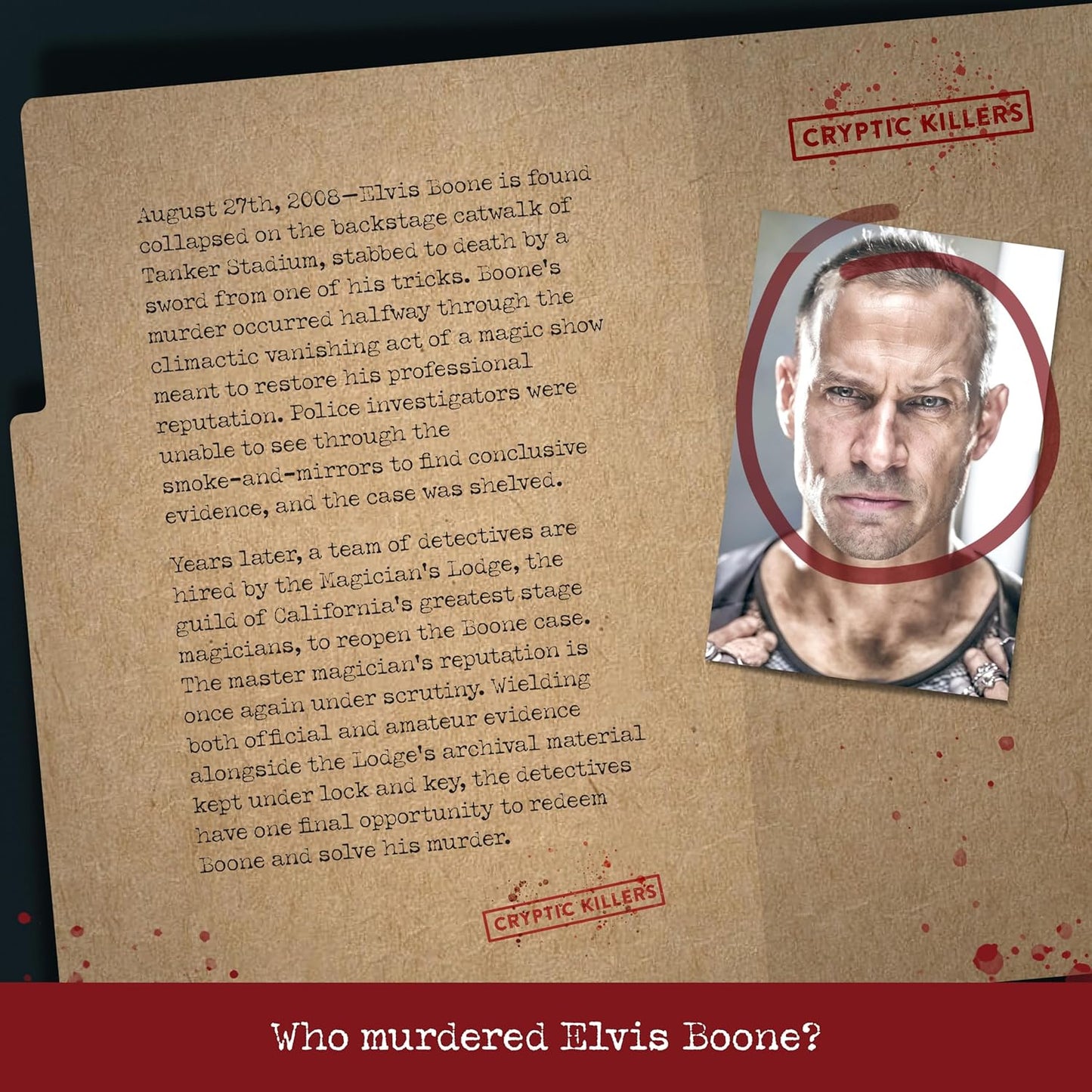 Close-up of Murder of a Magician evidence folder with blueprints, police reports and witness statements.