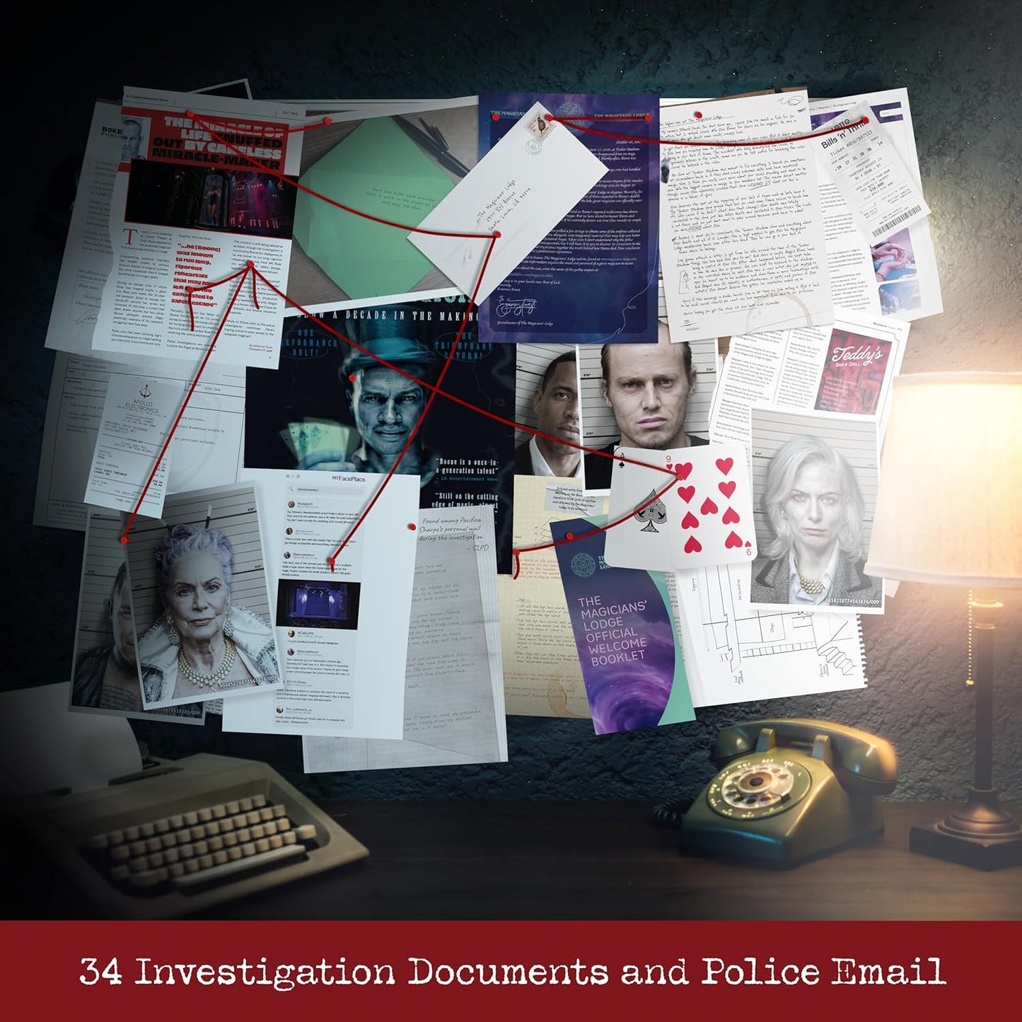 Investigation board for Murder of a Magician with suspect photos, stage plans and red-string clue links.