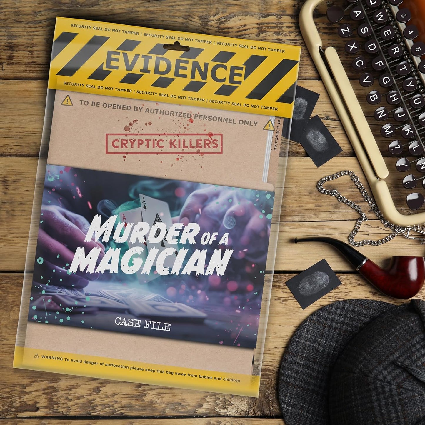 Murder of a Magician case file on a desk with a theatrical prop and detective notes for immersive play.