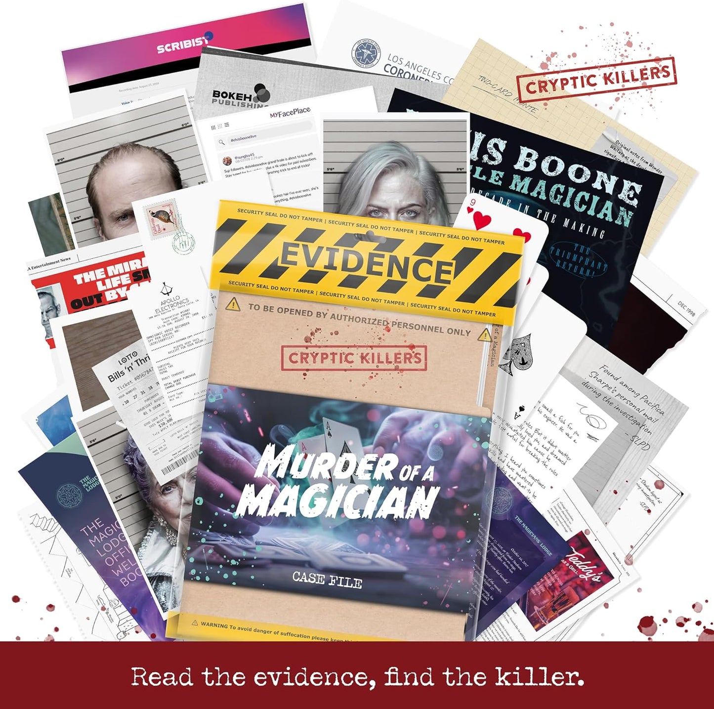 Murder of a Magician evidence spread – photographs, show blueprints and documents laid out for review.