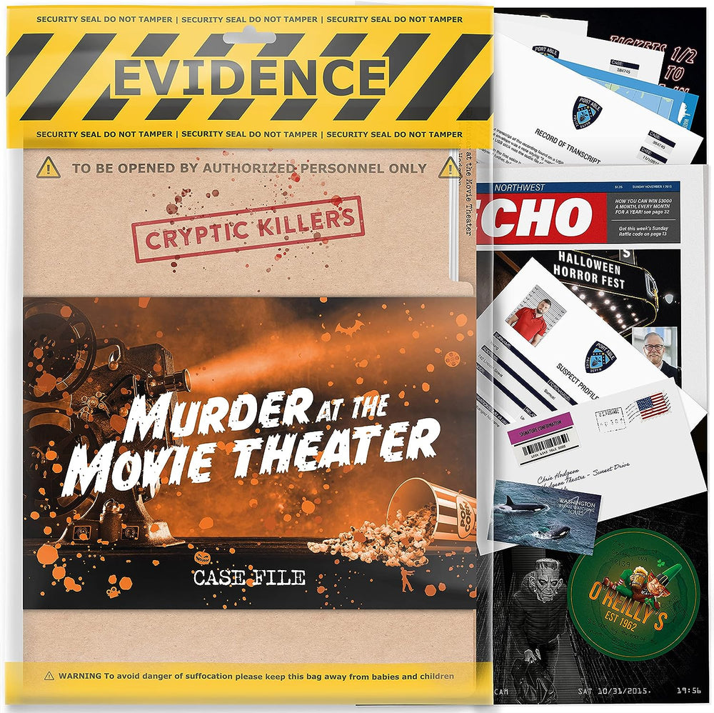 Murder at the Movie Theater case file – product front on white background showing the evidence folder.
