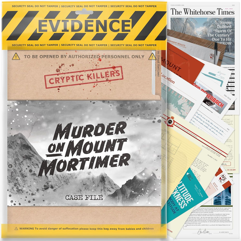 Murder on Mount Mortimer case file – product shot on white background showing the evidence packet.