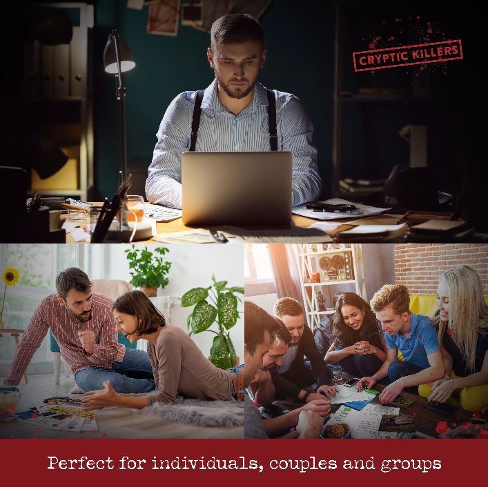 Friends playing Murder at the Movie Theater case file – perfect for couples, groups or solo sleuths.