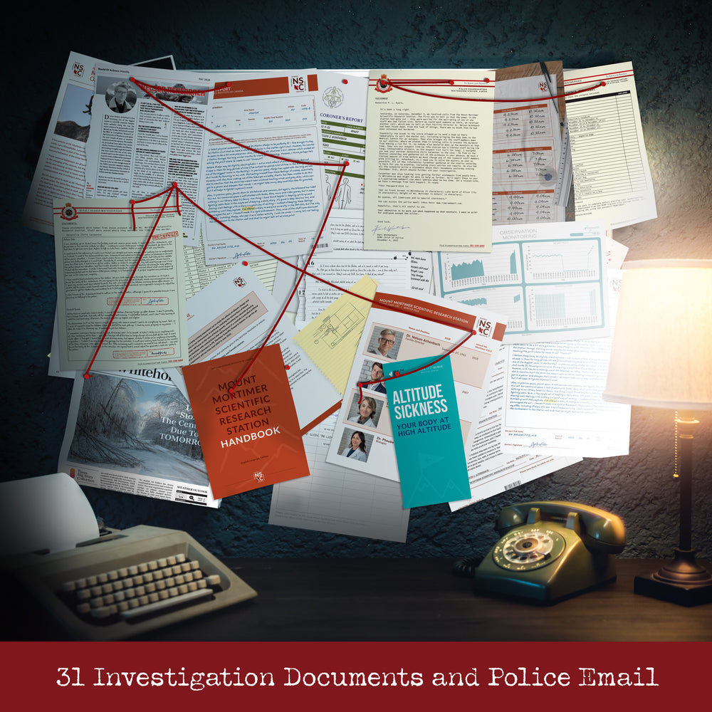 Investigation pinboard for Mount Mortimer with suspect portraits, map, and red-string clue connections.